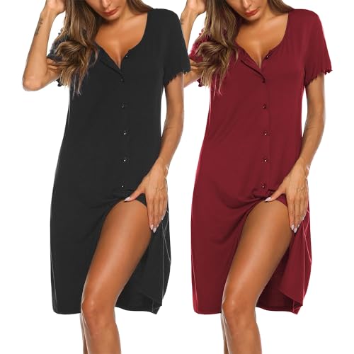 Ekouaer 2er Nachthemd Damen Kurzarm Knöpfen Schlafshirt Kurz Sleepshirt Knopfleiste Nachtwäsche S-XXL