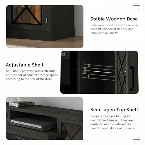 Image of BREEZEHEAT Fireplace TV Stand for TVs up to 70 inch, 3-Sided Electric Entertainment Center with 24 inch LED Fireplace, Media Console w /Storage Cabinet & Glass Doors, 59Inch, Black