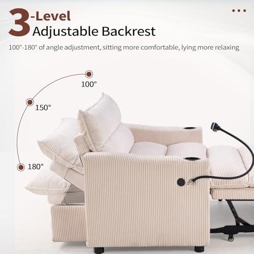 Image of HAOMARKETS 3-in-1 Convertible Loveseat Sleeper Sofa Bed, 2-Seat Pull Out Couch with Cup Holders, Phone Holder and USB Ports, Corduroy 3-Level Adjustable Backrest Couches for Living Room, Beige