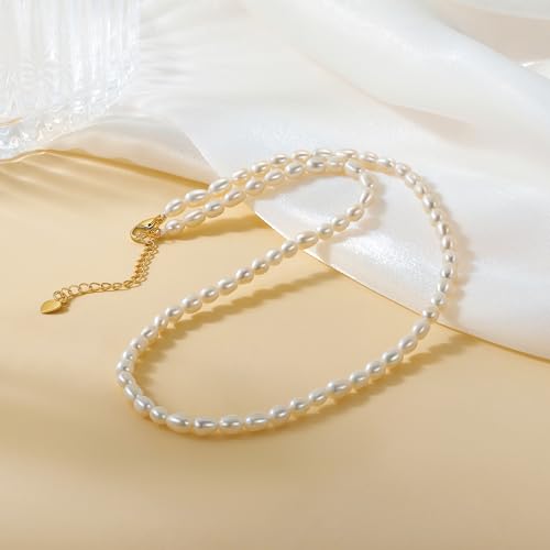14K Gold Plated Freshwater Pearl Necklaces for Women Teens Dainty Small 4mm Adjustable Chain 16+2" Oval Rice Real Pearl Strand Necklace Pearl Accessories Jewelry Gifts 5