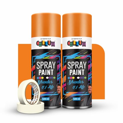 Image of Cellux 2X Ultra Cover Deep Yellow Spray Paint | DIY, Quick Drying with Premium Gloss Finish for Metal, Wood, Wall & Other Surfaces - 400 ML - Pack of 2 with 2 Masking Tape Rolls