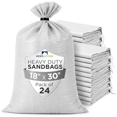 Heavy Duty Sand Bags Pack of 24, White Empty Sandbags with Built-In Ties, Woven Polypropylene UV Protection 1600 Hours, Fillable Bags for Flood Control, Weight, 18x30 inches, 75 Pounds Volume