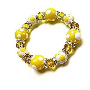Linpeng PD-08 Fiona Hand Painted Polka Dots Glass Beads Stretch Bracelet, Yellow/White