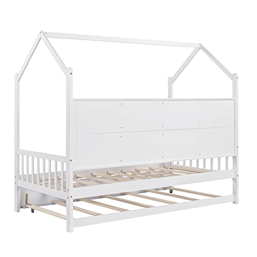 Twin Size House Beds With Trundle And Storage Shelves For Kids Montessori Bed Wood Playhouse Tent Bed Frame For Girls Boys, White #TOP7