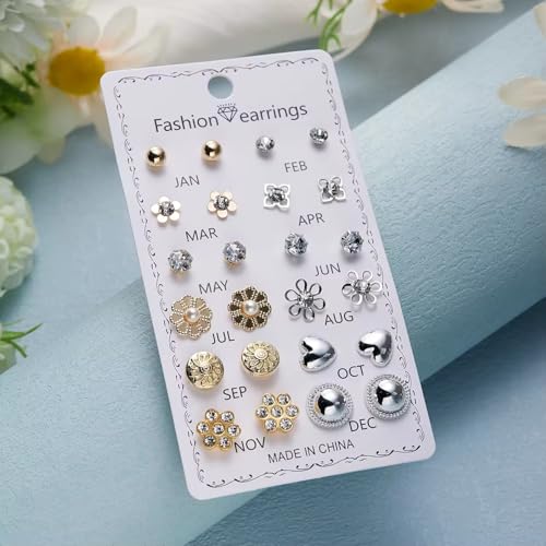Image of 12 Pairs Trendy Stud Earrings Set with Crystal and Pearl, Heart, Flower, Star and Geometric Styles