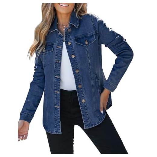 Roskiky Veste en jean pour femme - Veste western surdimensionnée - Veste boutonnée avec poches, Bleu soir, M