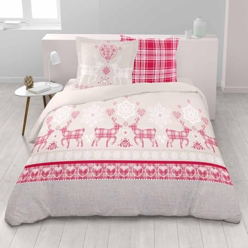 Alpes Blanc - Housse de Couette Esprit Chalet Vanoise Rouge + 2 Taies 65x65 cm – 100% Coton 57 Fils/cm² Doux et Résistant