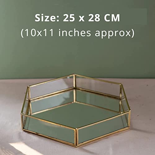 Image of Glass and Mirror Base Jewelry Tray, Mirror Base Vanity Tray, Home Table Decor, Makeup Organizer (Size - 10x8.5x1.5 inches)
