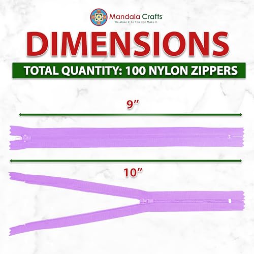 Image of Mandala Crafts 100 PCs Lilac Closed-End 9 Inches Nylon Zippers for Sewing