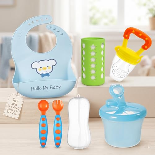 Image of Safe-O-Kid Baby Travel Feeding Combo | 1 Silicone Bib, 1 Fruit Feeder, 1 Spoon & Fork Set with 1 Food Storage Case & 1 Baby Feeding Bottle Cover | BPA-Free Feeding Essentials for Babies - Assorted