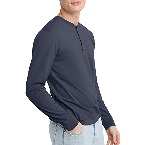 Hanes Originals Men's Cotton Long Sleeve Henley, Athletic Navy Heather, Large #TOP2