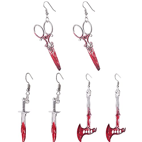 Set Sword Axe Scissors Blood Halloween Drop Dangle Earrings for Women Girl Jewelry Gifts Costume Cosplay Party Gothic Punk Metal Silver Creative Funny Bloodstain Horror-Set