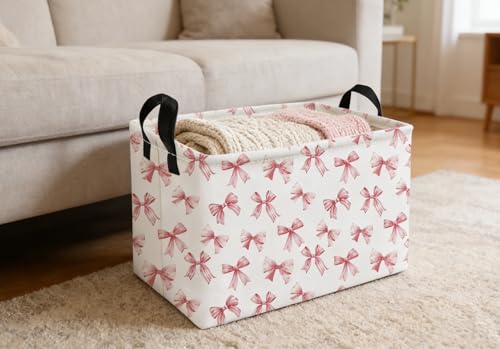 Image of Essme Rectangular Pink Baskets,Girls Storage Box,Cute Basket for Kids with Handles for Room Decor, Book Bins,Shelf Basket.(Pink Bowknot)