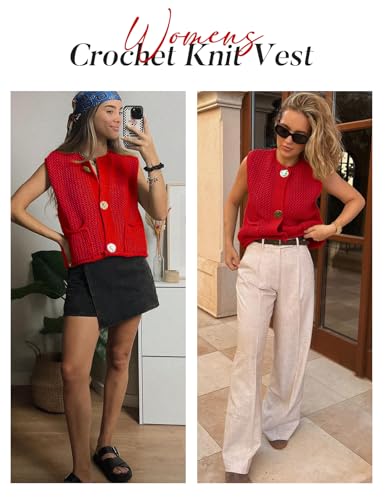 Flygo Womens Crochet Sweater Vest Sleeveless 2025 Trendy Spring Summer Tops Button Crop Chunky Knit Sweaters Cardigan4