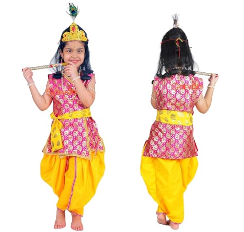 Image of Sarvda Krishna & Radha Dress for Kids - Complete Janmashtami Costume Sets with Dhoti /Lehenga, Mukut, Mor Pankh, Bansuri & Accessories | Fancy Dress for Baby Boys & Girls