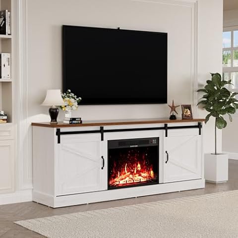 Knnbxa 67" Fireplace TV Stand with 27" Fireplace up to 70 Inch TV,Farmhouse Entertainment Center w/Sliding Barn Doors & Storage Cabinets for Living Room,White Cover