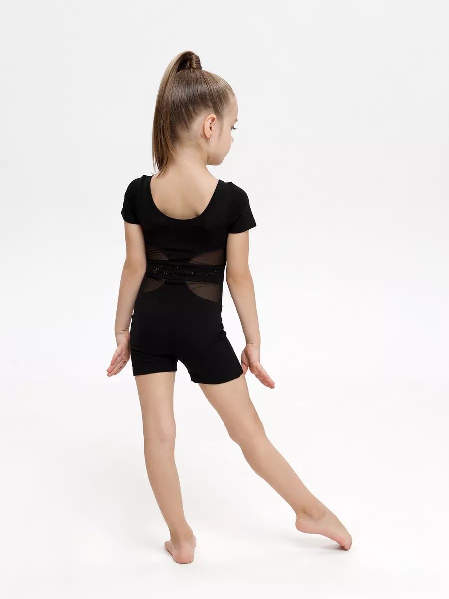 Gymnastikanzug Mädchen Kurzarm mit Mesh-Einsätzen & Strassbesatz – für Rhythmische Sportgymnastik, Ballett & Tanz | 4-Wege-Stretch, atmungsaktiv, 92% Baumwolle, Schwarz