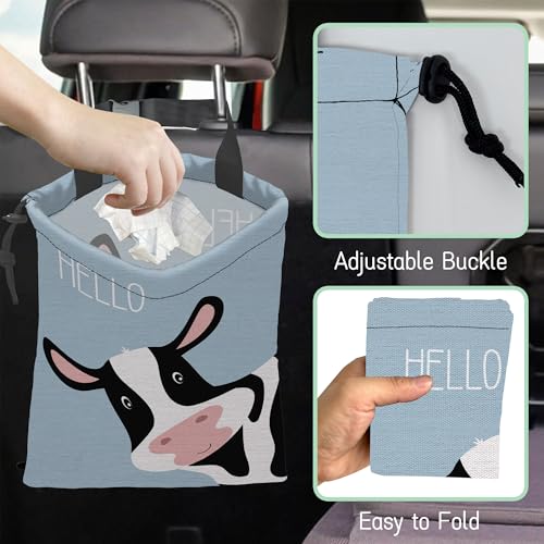 Image of Cute Cow Car Garbage Bag,Waterproof Small Car Trash Bag Hanging Back of Seat,Drawstring Hanging Car Trash Bag with Adjustable Buckle for Car Accessories