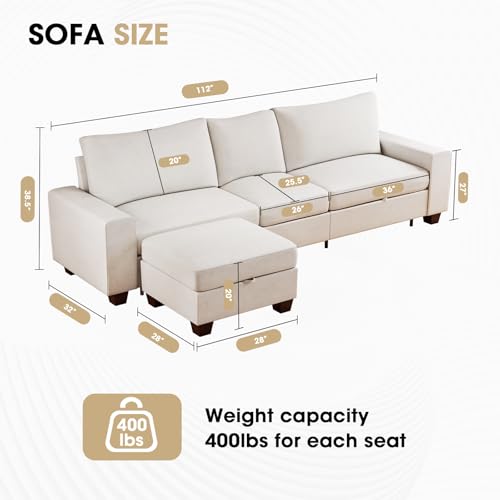 Image of Couchus 112 inch Convertible Storage Sectional Sofa,L Shaped Couch with Storage Ottoman,Multi-Functional Reversible Sofa with Huge Storage Space, Breathable Fabric (Beige)