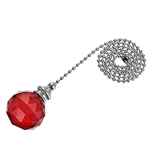 Image of uxcell Ceiling Fan Pull Chain, 20 Inch Nickel Finish Chain Ornament Extension, 30mm Red Crystal Ball Pendant