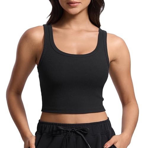 CRZ YOGA Womens Ribbed U Neck Longline Sports Bra - Padded U Back Yoga Cami Workout Crop Tank Top Built in Pads Black Small