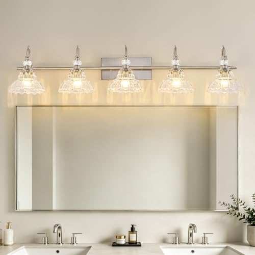 Image of Brushed Nickel Bathroom Vanity Light, 5-Light Nickel Finish Wall Sconce with Hanging Crystal Accents and Flower-Shaped Clear Glass Shades, Modern Wall Mount Vanity Light Over Mirror for Bathroom
