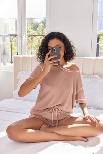 Image of Ekouaer Women's Waffle Knit Two Piece Lounge Set, Soft Matching Outfits for Daily Wear, Casual Shorts Set with Pocket
