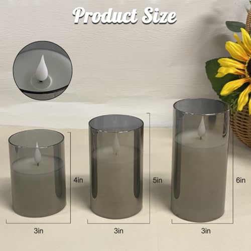 Image of LEDHOLYT Rechargeable Flameless Grey Glass Candles-Gifts for Women,-Set of 3, Realistic Flickering LED Light,Remote & Timer, Ideal for Living Room, Bedroom & Festival Home Party Decor