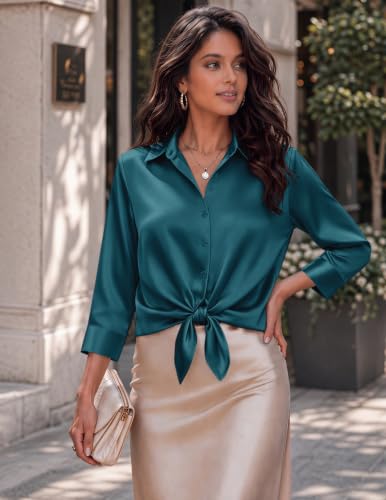 Image of Zeagoo Womens Satin Blouses Button Down Shirts 3 /4 Sleeve Dressy Tops S-2XL