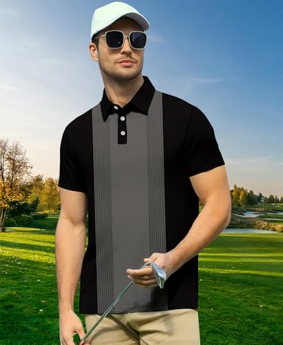 Casual Golf Shirt for Men: Short Sleeve Dri Fit Striped Color Block Polo Clothes4