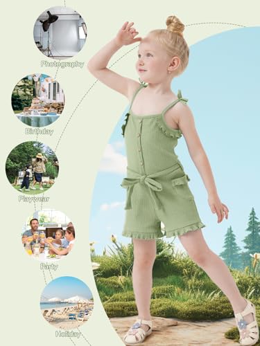 Miipat Toddler Girl Jumpsuit Sleeveless Ruffle One-Piece Romper Baby Girl Ribbed Knit Summer Clothes Button Belt Outfit 1-5T4