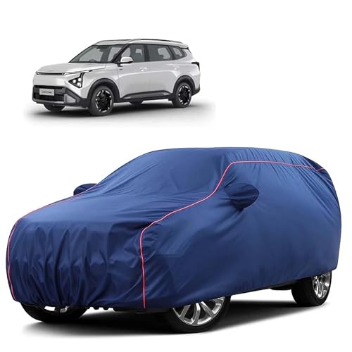 Image of Sulfar 100% Water Resistant Car Body Cover Compatible with Mirror for Kia Carens Clavis (Triple Stitched, Full Bottom Elastic, Blue Tafetta with Red Piping)