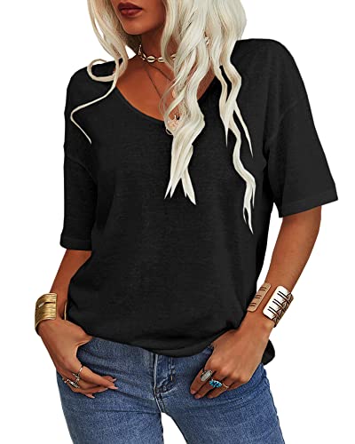 Tankaneo Women's 3/4 Sleeve Shirts V Neck Loose Fitting Tops Casual Solid Color Tshirts Trendy Basic Tunic Summer Ladies Tops3