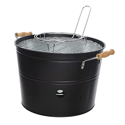 Kaemingk 73815 BBQ Eimer, Eisen, schwarz matt, Ø 33 x 24 cm, Holzkohlegrill, Campinggrill, Balkongrill, Außengrill, Minigrill, Kunstleder, mehrfarbig