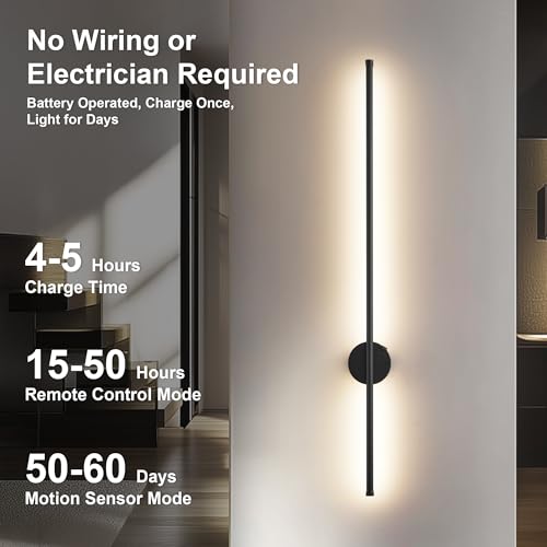 Image of KARTOOSH Black Battery Operated Wall Sconce Set of Two with Motion Sensor | Rechargeable Wireless Wall Lights with Remote Control, Dimmable, 3000K /4000K /6000K, Timer for Living Room, Hallway,39.3 Inch