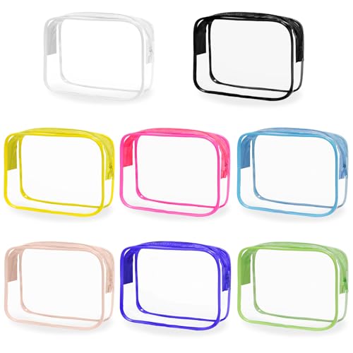 Swpeet 8 bolsas de maquillaje transparentes de PVC de 8 colores de 7 x 2.36 x 4 pulgadas con cremallera, bolsas de almacenamiento de cosméticos impermeables, bolsas con cremallera, bolsas
