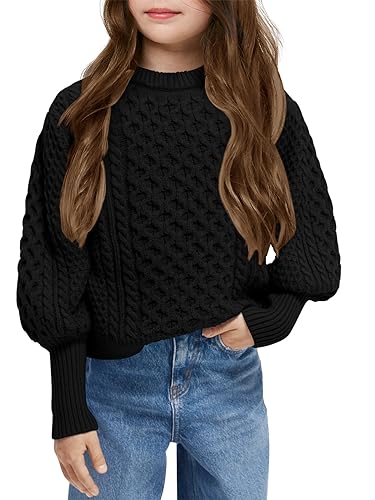 Image of rrhss Girls Cable Knit Sweaters Kids Fall Fashion Puff Sleeve Ribbed Cuffs Crewneck Clothes 5-14 Years