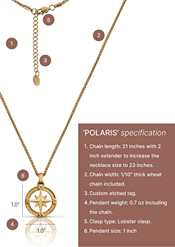 Forge & Foundry Men's North Star Pendant Necklace With 22" Wheat Chain Included [ Polished 18K Gold Over Stainless Steel] | "Polaris" | Refined Hand-Crafted Jewelry, Designed By Jewelers, Forged For Men #TOP5