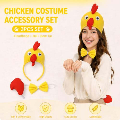 Image of Chicken Headband with Bow and Tail Costume Set,Halloween Animal Ears Costume Dress Up Suit, Cosplay Party Supplies for Adult