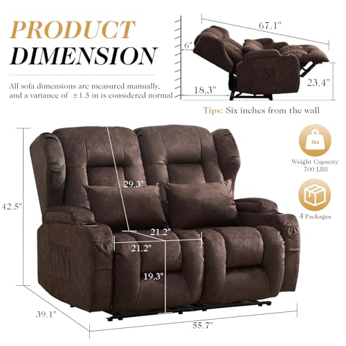 Image of Loveseat Recliner Sofa,RV Wall Hugger Recliners for Small Spaces,Reclining Loveseat Sofa Recliner with Cup Holders /Lumbar Pillows,RV Furniture (Velvet Brown, 56 inch 2-Seater)