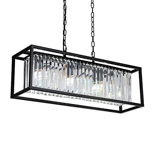 Black Friday 🔥 Modern Crystal Rectangular Island Light, Black 3-Lights Chandelier K9 Crystal Retangular Island Light for Kitchen Dining Room Living Room, Black