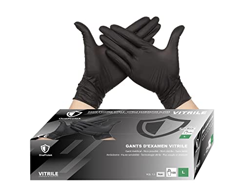 OneProtek Gants jetables noir en vitrile (nitrile-vinyle mix) - Boîte de 100 gants - Taille L (Grande) - Sans latex - Résistants et Multi-usages - Protection contre les produits chimiques