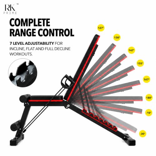 Image of RK Prime Adjustable Gym Bench for Home Workout | 310 Kg Capacity | 7-Level Incline Decline Flat | Foldable Bench Press with Resistance Bands | Sweat-Resistant Cushion | Heavy Duty Steel Frame