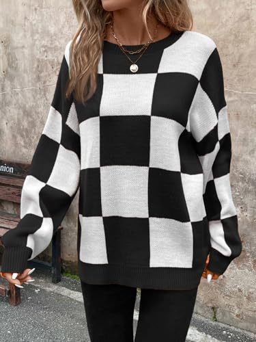 Image of SHENHE Women's Checkered Color Block Oversized Sweater Plaid Crew Neck Drop Shoulder Pullovers Black Medium