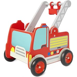 labebe Rot Feuerwehrauto Lauflernwagen Holz Baby Push Pull Lauflernhilfe Spielzeug mit Rädern für Junge ab 1 Jahre