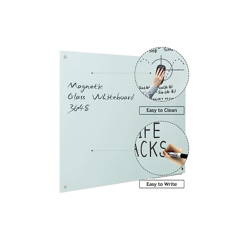 Magnetic Glass Dry Erase Board - White Board 48 x 36 Inches Wall Mounted Glass Whiteboard, Large Frameless Glass White Board for Wall Office, Home & School - Image 3
