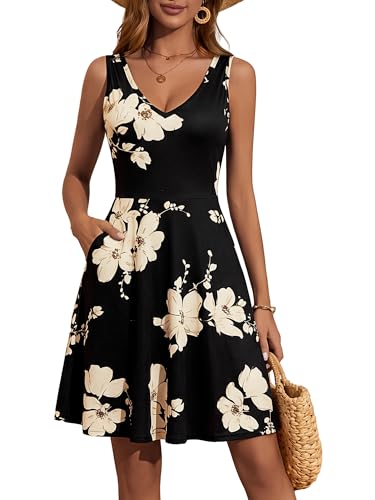 Image of HUHOT Womens Sleeveless V Neck Dress with Pocket Summer Beach Midi Flared Tank Dress