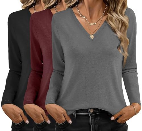 Ekouaer 3 Pack Long Sleeve Shirts for Women V Neck T Shirt Fall Casual Tops Basic Base Layer Undershirts Tees 2025 S-XXL