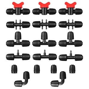 18 Pcs Drip Irrigation Fittings Kit for 1/2” Tubing 1/2 Inch Drip Line Anti Drop Barbed Locking Nut Connector with 4 Tees 4 Couplings 3 Reducing Tee 3 Switch Valves 2 Elbows 2 Plugs