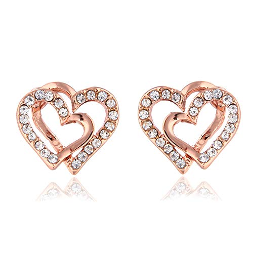 14K Rose Gold Silver Double Heart Shaped Necklace Shiny Crystal Stud Earrings Wedding Jewelry Set Best Gifts3